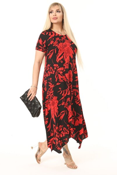 Kuiye Women's Plus Size Patterned Short Sleeve Asymmetric Skirt Dress