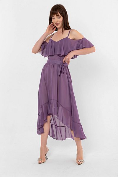 Laranor Lilac Asymmetrical Chiffon Dress with Adjustable Strap Collar and Hem Flounces