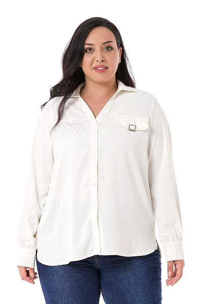 DISENTIS MODEST Large Size White Shirt with Ornamental Pocket Cover, Stone and Buckle Detail and Folded Sleeves