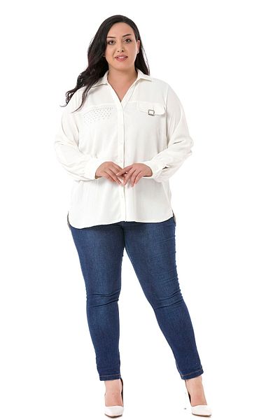 DISENTIS MODEST Large Size White Shirt with Ornamental Pocket Cover, Stone and Buckle Detail and Folded Sleeves