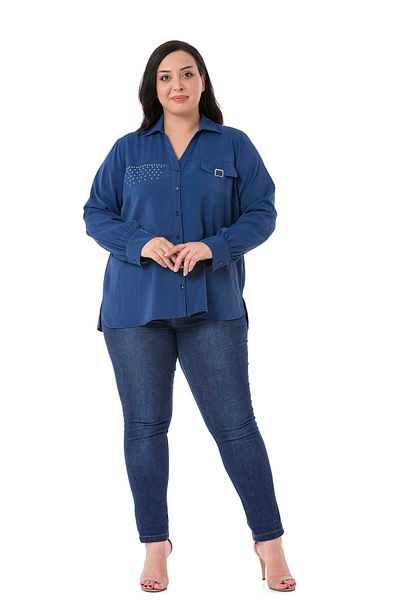 DISENTIS MODEST Large Size Indigo Shirt with Ornamental Pocket Cover, Stone and Buckle Detail and Folded Sleeves