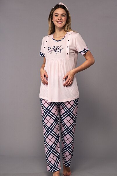 Emose Düğmeli Lohusa Hamile Pijama Takım Pembe