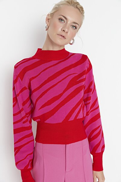 Trendyol Collection Pulover din tricot cu model cu flori de rodie și zebră TWOAW21KZ0010