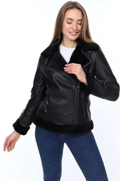 Derimont's Hakiki Deri Siyah Kürklü Pepe Kadın Ceket