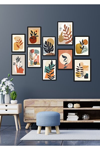 NT Handmade 10lu Siyah Çerçeve Görünümlü Bohem Yapraklar Duvar Dekoru Salon O...