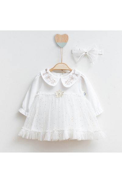 MİNİBORN Newborn Girl Long Sleeve Cone Color Ecru Dress Set