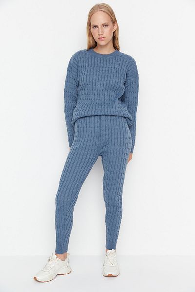 Trendyol Collection Dolphin Blue Hair Braided Knitwear Top and Bottom Set THMAW23KZ00000