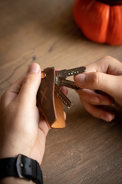minimal X design Leather Keychain V 2-3 Key Capacity - Tan Crazy - Minimalist Design
