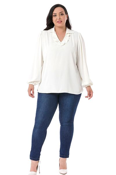 DISENTIS MODEST Plus Size Flowing White Blouse with Ruffled Collar, Shirred Shoulders, Sleeves and Buttons