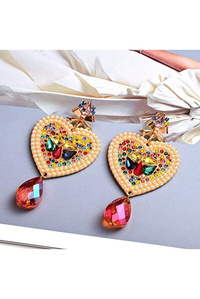 BearPear Modern Tasarım Renkli Kalp Incili Kadın Küpe