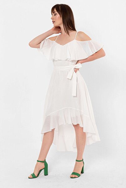 Laranor Біла сукня з регульованим коміром на бретельках і асиметричним воланом на подолі