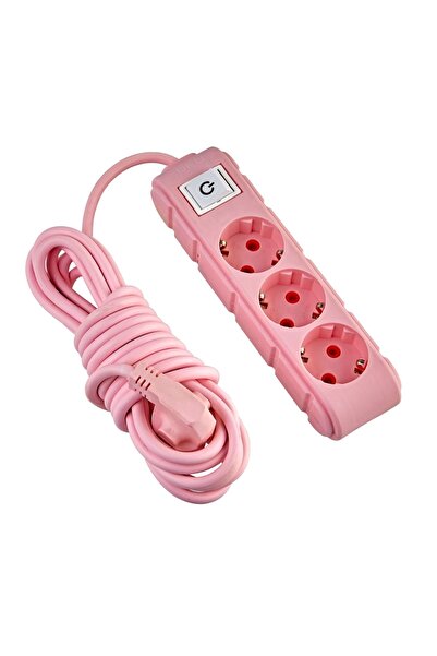 UFO 3lü 3 m Pembe Topraklı Kablolu Anahtarlı Grup Priz Renkli Uzatma Kablosu