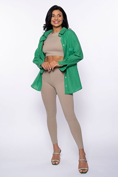 Grenj Fashion Yeşil Keten Oversize Gömlek