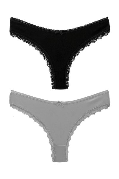 HNX 2-Piece Brazilian Women's Panties with Cotton Leg and Lace Detail on the Waist