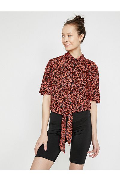 Koton Women's Orange Short Sleeve Classic Collar Leopard Patterned Shirt 9YAL68392IW