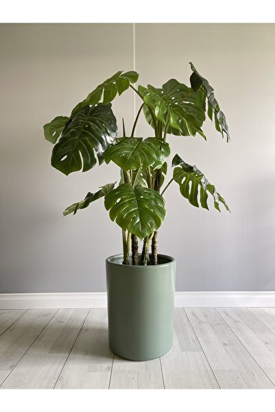 odka 40litre Silindir Saksı Tabaklı Yükseklik:40cm Çap:33cm Mint Yeşili Renk