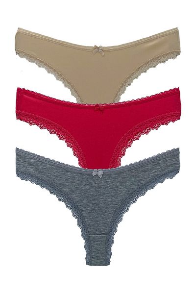HNX 3-Piece Brazilian Women's Panties with Cotton Leg and Lace Detail on the Waist