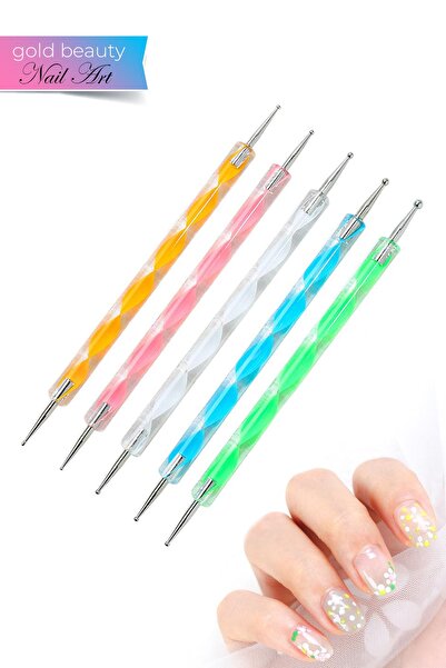 Gold Beauty Nail Art Tırnak Süsleme Kalemi 5li Dot Noktalama Kalem Seti