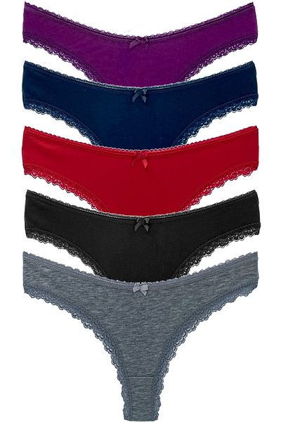 HNX 5-Piece Brazilian Women's Panties with Cotton Legs and Lace Detail on the Waist