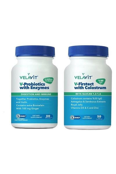 Velavit V-Probiotics - Food Supplement 30 Capsules + V-Firstect - Colostrum 30 Table