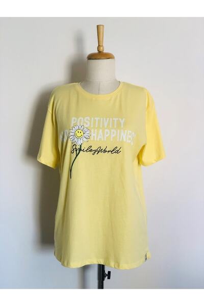 Kübra Tekstil Βαμβακερό μπλουζάκι Άνετο γυναικείο μοτίβο μαργαρίτας