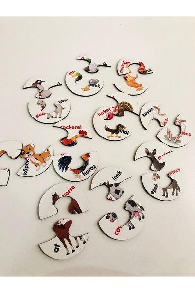 samsunlazer Wooden Two Piece Matching Game Turkish English Animals Preschool Baby Educational Toy