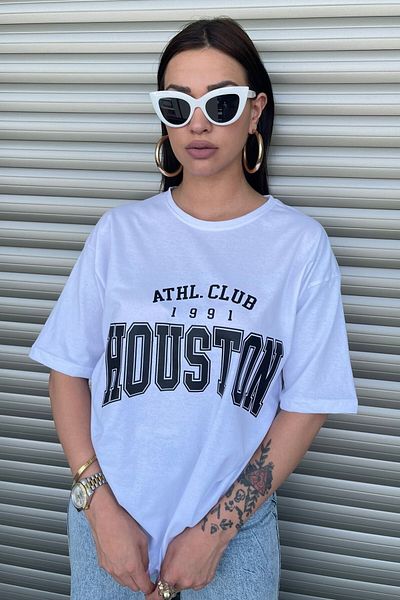 MODAGEN Tricou alb oversize pentru femei cu imprimeu Houston
