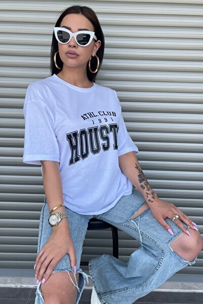 MODAGEN Tricou alb oversize pentru femei cu imprimeu Houston