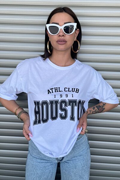 MODAGEN Tricou alb oversize pentru femei cu imprimeu Houston