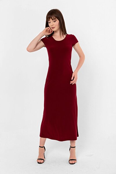 Laranor Claret Red Crew Neck Slit Detail Dress