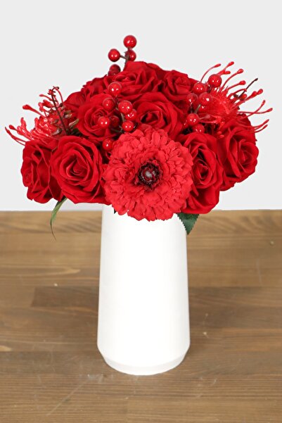 Yapay Çiçek Deposu Beyaz Lüks Vazoda Kadife Gül Gerbera Tanzimi 30 Cm