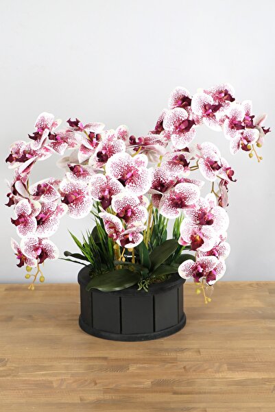 Yapay Çiçek Deposu Dekoratif Ahşap Saksıda 7 Dal Orkide Tanzimi Mürdüm Benekli