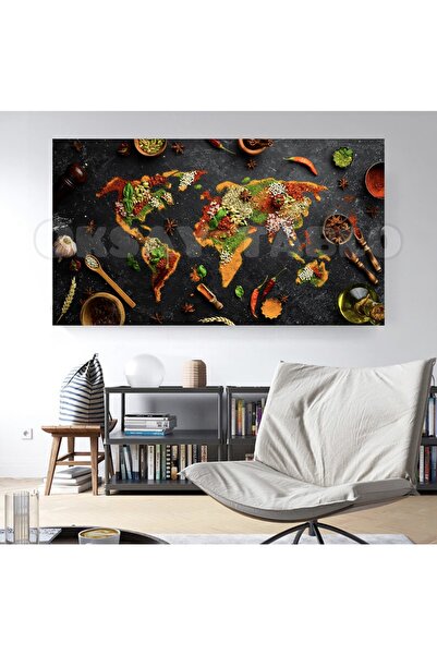 Oksay Tablo Mutfak Baharatlarla Dünya Haritası Kanvas Tablo