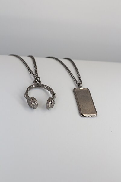 Dukkanka 2'li Kulaklık Ve Eğimli Künye Metalik Siyah Kolye Seti