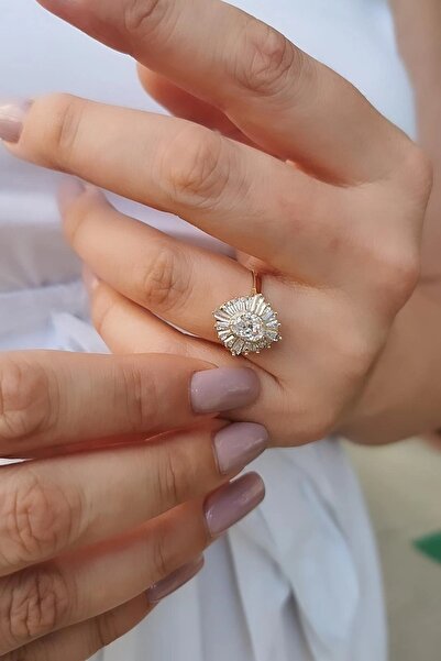 Utku Kuyumculuk 14 Ayar Baget Taşlı Tasarım Oval Tektaş Yüzük