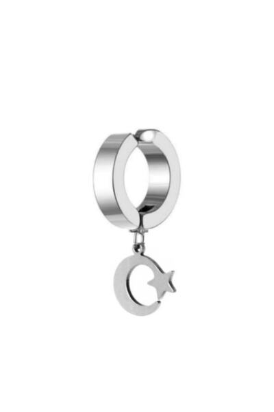 TakıConcept Deliksiz Sıkıştırmalı Ay Yıldız Sallantılı Çelik Küpe