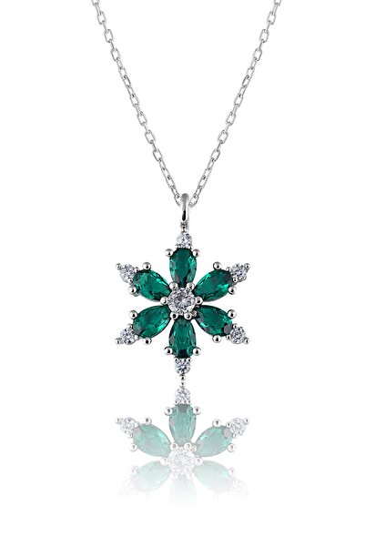 Zanaatsilver 925 Ayar Gümüş Zincirli Yeşil Taşlı Rodyum Kaplama Lotus Kamelya...