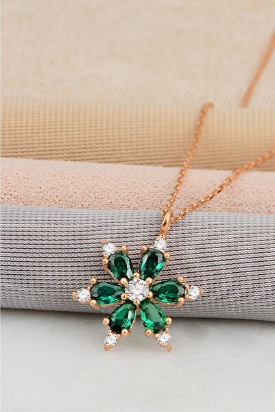 Bilsen Store 925 Ayar Gümüş Zincirli Rose Kaplama Zümrüt Damla Taşli Lotus Ka...