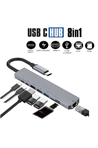 Grc Accessory Macbook Pro Air Usb Type-c Hub Dönüştürücü Çevirici Çoklayıcı Usb Hdmı Micro Sd 8 Girişli