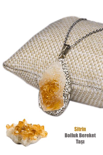 Tesbih Atölyesi Silver Apparatus Natural Citrine Stone Necklace
