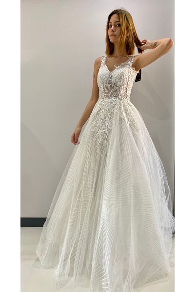 VENÜS MODA by Pınar Wedding Dress A-Line Off White Dense Bead Embroidered Skirt with Glitter and Geometric Lines Helen Wedding Dress
