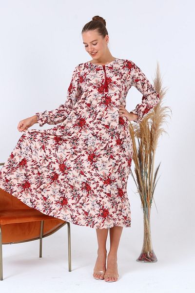LİKAPA Viscose Long Sleeve Red Small Floral Skirt 3 Layers Summer Comfortable Quality Large Size Dress