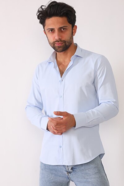 R-Germen Men's Microsatin Sky Blue Slim Fit Shirt