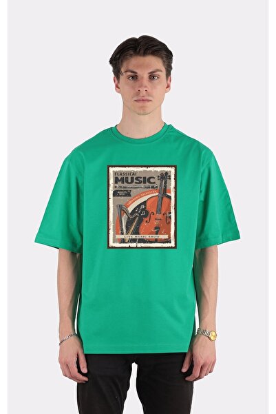 GreenMint تي شيرت أخضر كبير الحجم برقبة دائرية بتصميم موسيقى كلاسيكية_em1200