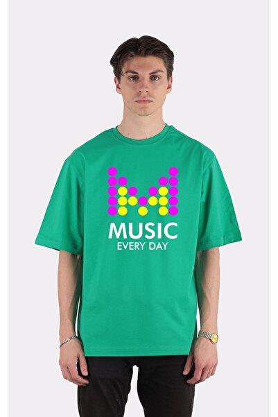 GreenMint تي شيرت أخضر برقبة دائرية مقاس كبير موسيقى كل يوم_em1971