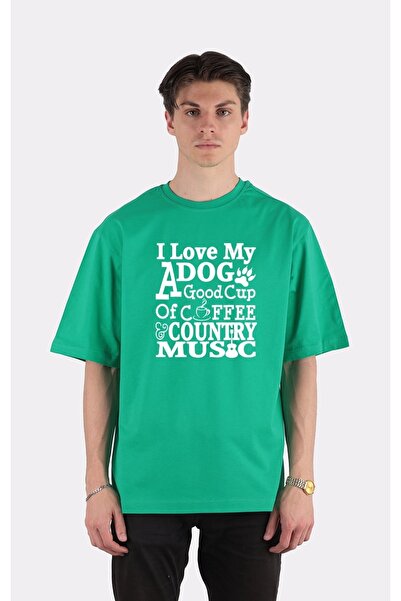 GreenMint تي شيرت أخضر كبير الحجم برقبة دائرية أنا أحب كلبي كوب جيد من القهوة...