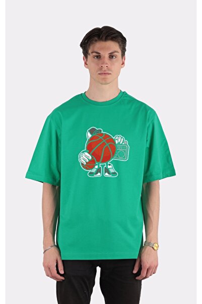 GreenMint تي شيرت أخضر كبير الحجم برقبة دائرية لمشغل كرة السلة يستمع إلى المو...