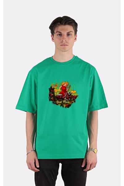 GreenMint تي شيرت نسائي كبير الحجم برقبة دائرية باللون الأخضرموسيقى جيدة_em2679