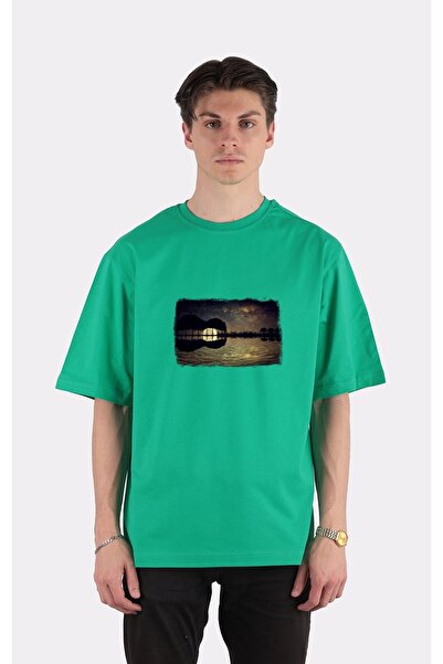 GreenMint تي شيرت أخضر برقبة دائرية مقاس كبير جيتار آيلاند Moonlight_em1551