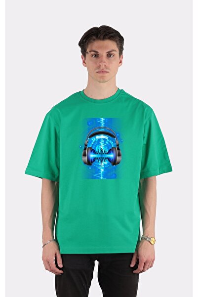 GreenMint تي شيرت أخضر كبير الحجم برقبة دائرية - موسيقى جرافيك em1471